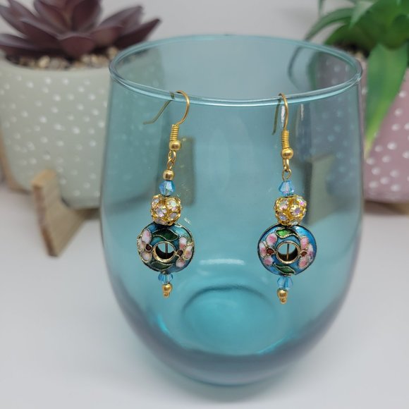 1.5" Cloisonne Round Blue with Pink flower design earrings - Picture 3 of 5